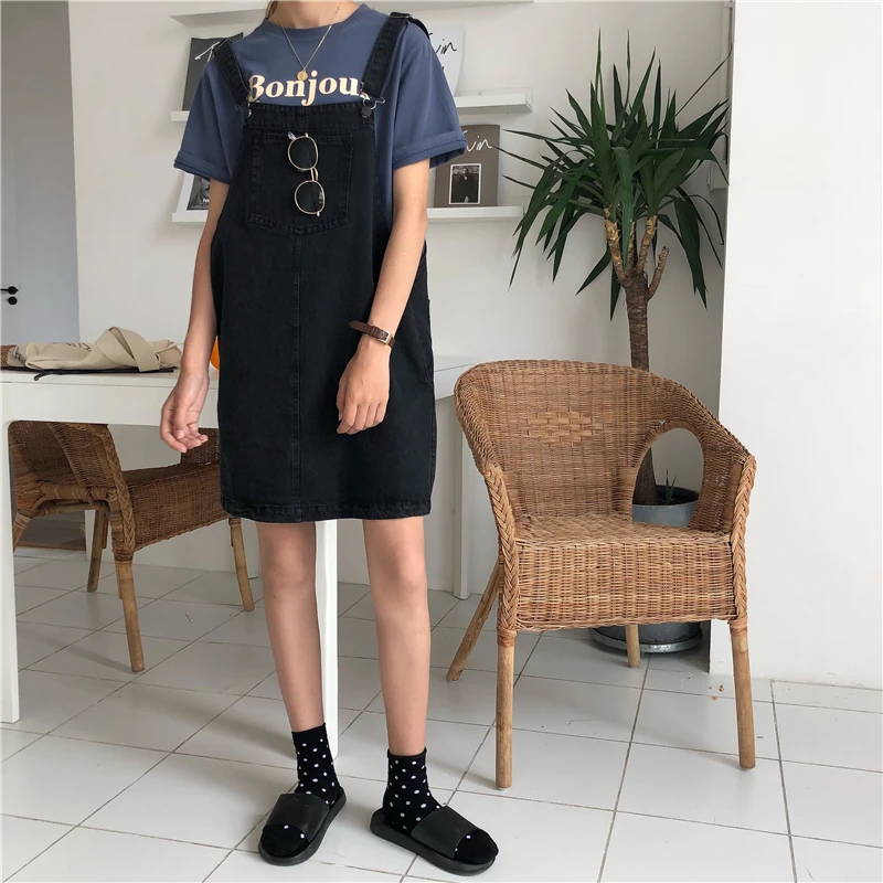PLAMTEE Vintage Women Straps Denim Dress with Pocket Solid Loose Waist Lady Summer Jeans Dress Mini Jeans Vestidos Preppy Style