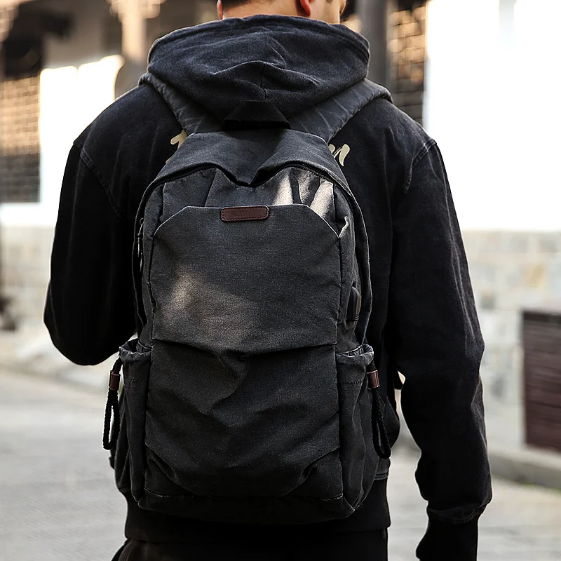 Kopen Muzee Canvas Rugzak voor Mannen School Usb poort Opladen Tassen Reizen Laptop College Student rugzak Reizen Dagrugzak zwart 1898