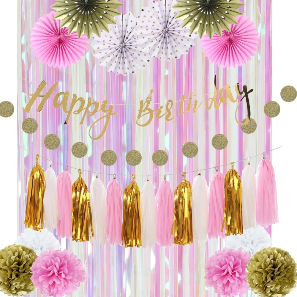 

(Gold,Pink,White)Birthday Party Decoration Set Gold Foil Happy Birthday Banner Glitter Gold Circle Garland Rainbow Curtain