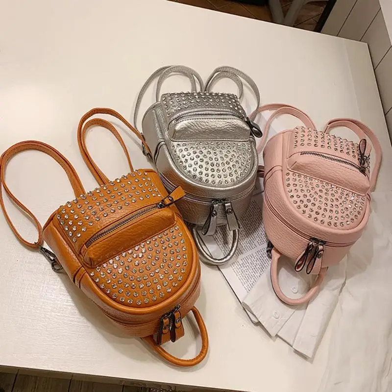 Rivet Rhinestone Backpack Women PU Leather Messenger Knapsack Fashion Girls Teen Schoolbags Travel Shoulder Bag Mini Back Pack