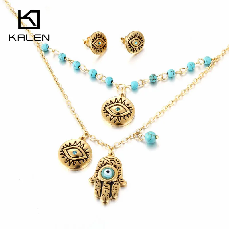 Kalen Металл Фатима ручной набор украшений для женщин Богемия Нержавеющая сталь Золото хамсс рука& бусины кулон ожерелье& серьги наборы - Окраска металла: Eyes