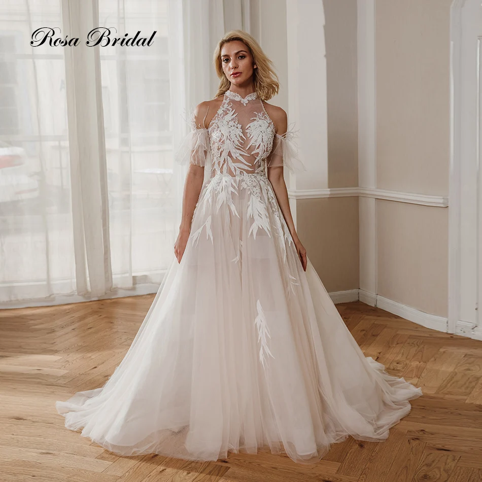 

Rosabridal Wedding Dress Bridal Gown 2019 new A Line Off Shoulder Halter Chinese collar Tulle Beading Feathers special design