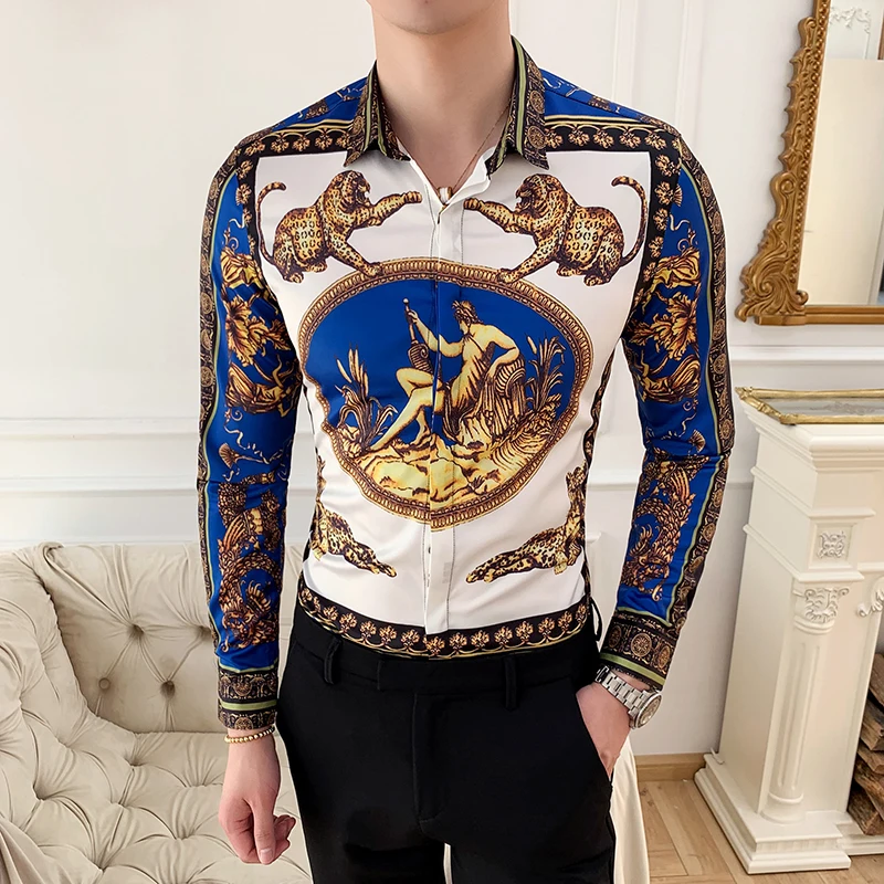 Роскошная мужская рубашка с принтом, модная Клубная одежда для мужчин, дизайнерская брендовая рубашка с цветочным принтом, тонкая рубашка с длинными рукавами, вечерние рубашки в стиле барокко