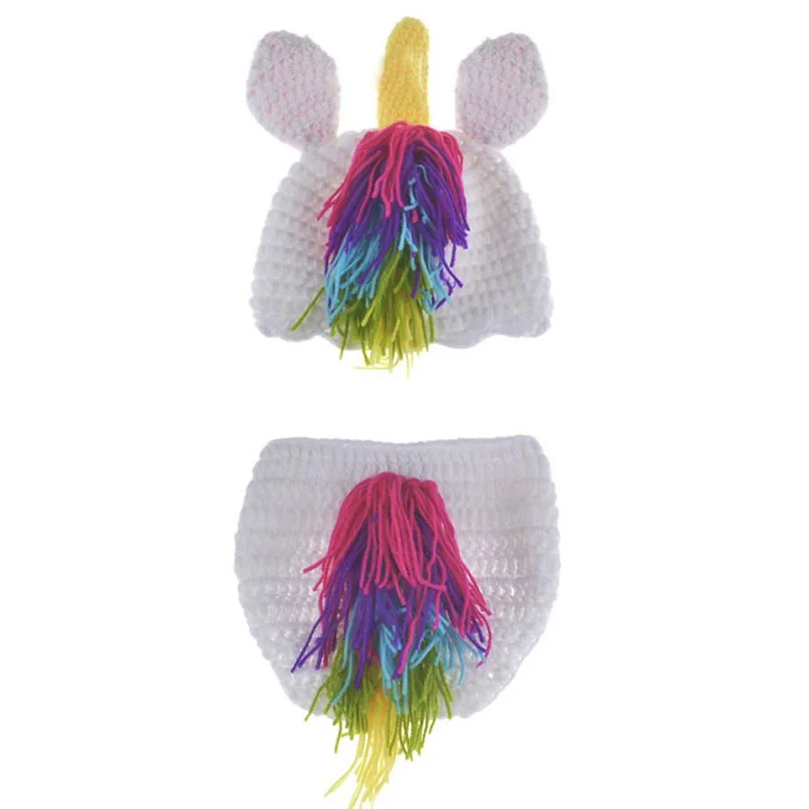Crochet Unicorn Costume Outfit Newborn Rainbow Unicorn Photography Prop Baby Hat and Diapre Cover Set Infant Shower Gift (7)