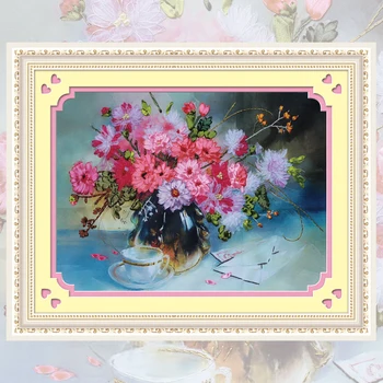 

DIY Ribbons Embroidery Pink Flowers Decorative Canvas Painting Colored HD Prints Needlework Cross Stitch Kit Home Decor C-0079