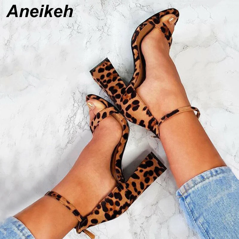 

Aneikeh 2019 Leopard Print Gladiator Sandals Fashion Women Sandals High Heels Open toe Ankle Strap Shoes Size 35-40 Pumps Black