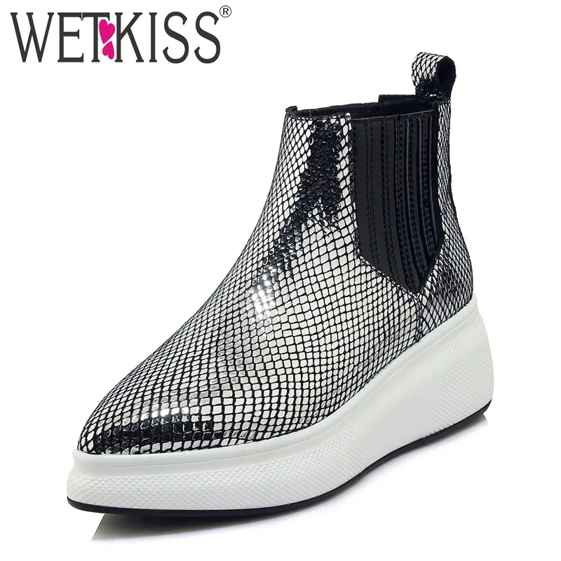 

WETKISS Casual Women Ankle Boots Pointed Toe Footwear Fashion Print Female Short Boot Leather Platform Shoes Woman 2018 Winter