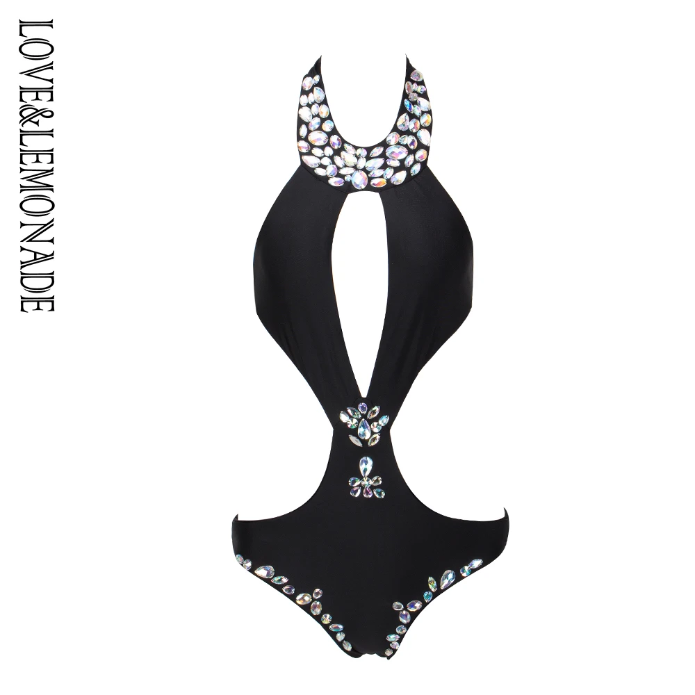 

Love&Lemonade Black Cut Out Colored Beaded Decoration Beach Bodysuit LM1102