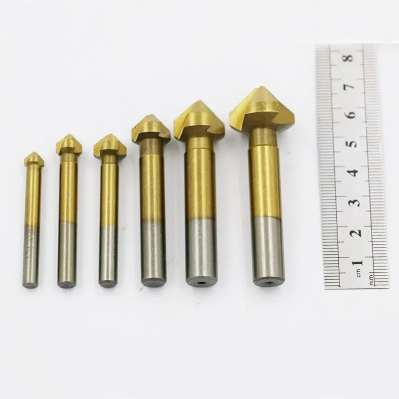 

3 Flute Countersink Drill Bit 6.3 8.3 10.4 12.4 16.5 20.5mm 90 Degree Titanium Plating Wood Cutter Metal Chamfer Cutting Tool