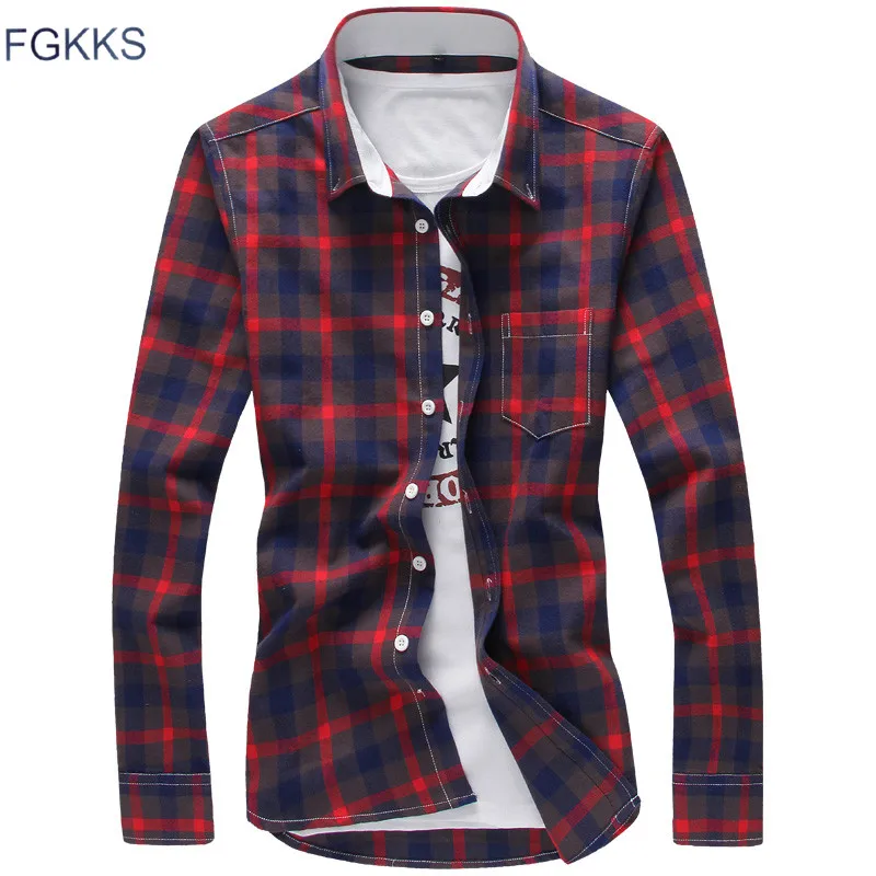 

FGKKS Men Plaid Shirts New Mens Summer Autumn Slim Trend Fashion Brand Shirts Cotton Checkered Comfortable Shirt Male