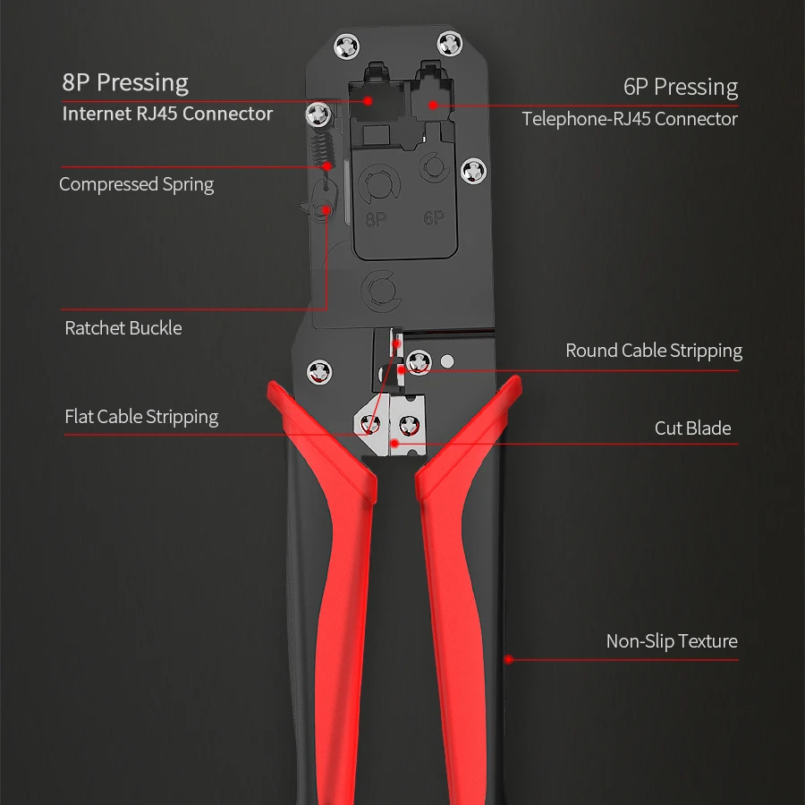 AMPCOM RJ45 Crimping Tool Ethernet Network LAN Cable Crimper Cutter Stripper Plier Modular 8P RJ45 and 6P RJ12 RJ11