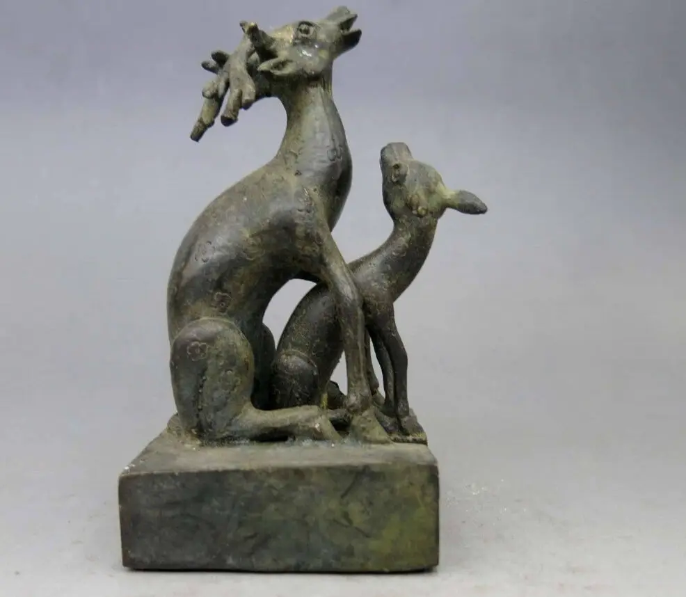 

Elaborate China Old Bronze carved with Feng Shui Auspicious Statue - two deer Seal Sculpture