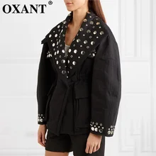 OXANT, куртка с заклепками, топы для женщин, с ушками, v-образный вырез, рукав-фонарик, туника, Женское пальто, большие размеры, мода, осенняя уличная одежда