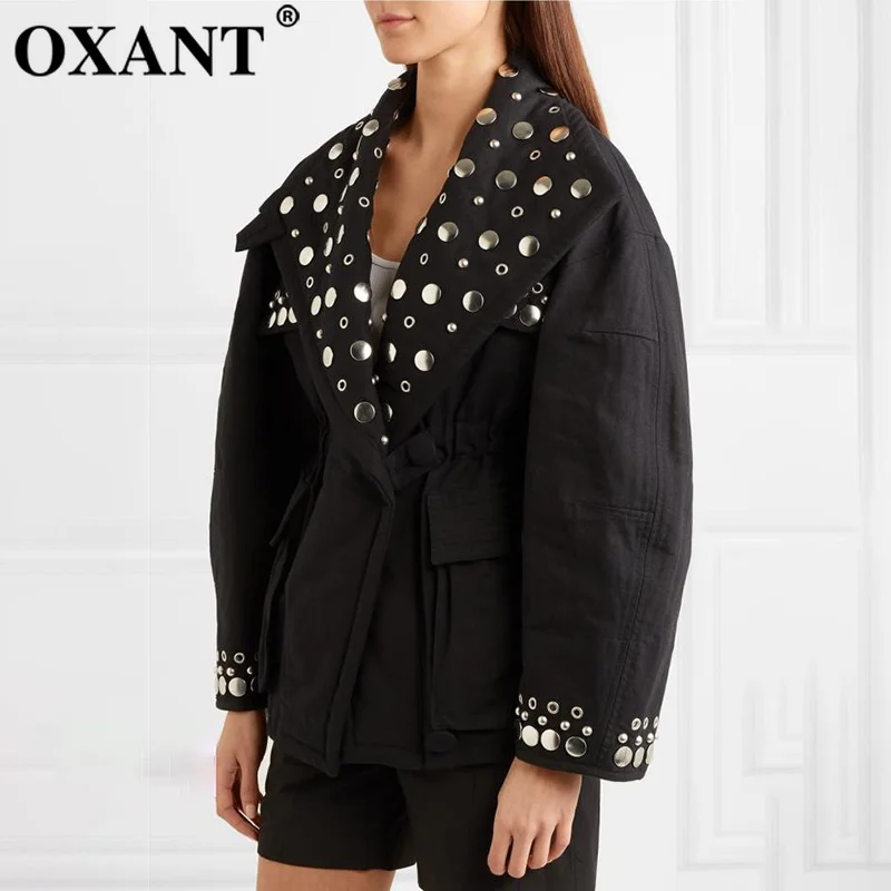 OXANT Rivet Jacket Tops Female Eyelet V Neck Lantern Sleeve Tunic Women's Coat Oversize Fashion 2019 Autumn Streetwear | Женская