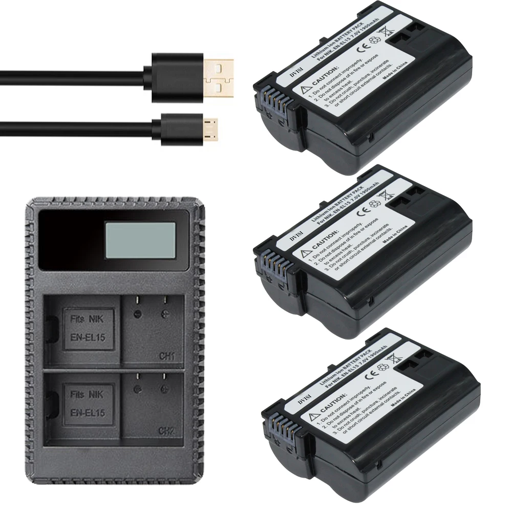 

3Pcs EN-EL15 ENEL15 EL15 Battery + LCD USB Dual Charger for Nikon D600 D800 D800E D7000 D7100 V1 D810 D610 D750 MB-D14 Camera