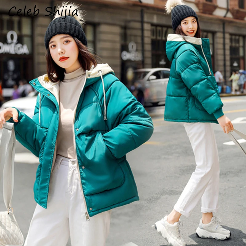 

Autumn / Winter Coat Woman hooded Green Black thicken Warm cotton jacket female casacos de inverno feminino 2019