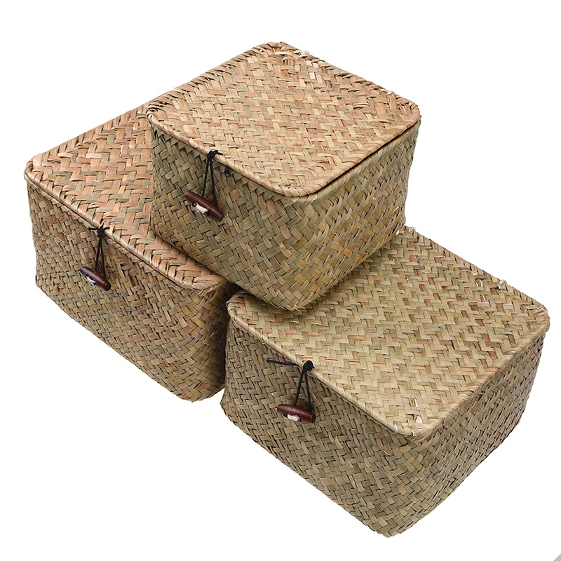 WHISM ротанговая коробка для хранения с крышкой Плетеный органайзер для макияжа корзина для ювелирных изделий контейнер держатель для мелочей ящики для хранения ящиков