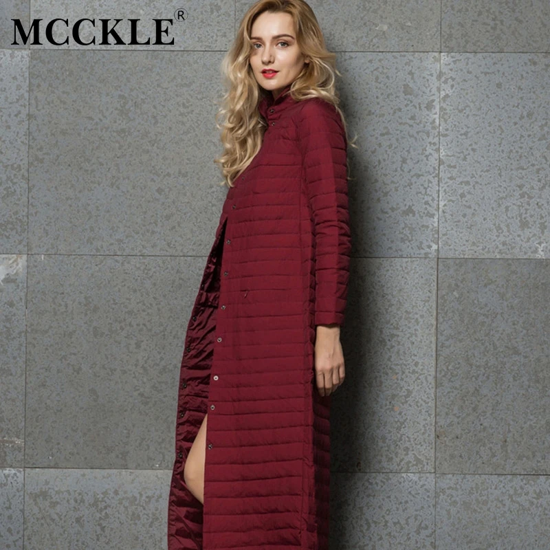 

MCCKLE Women's Single Breasted Duck Down Long Jacket 2018 Autumn Winter Stand Collar Solid Female Parkas Casual Ultra Light Coat