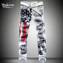 Новинка, большие размеры 28-42, мужские белые модные джинсы с принтом для отдыха, эластичные джинсы с принтом в национальном стиле