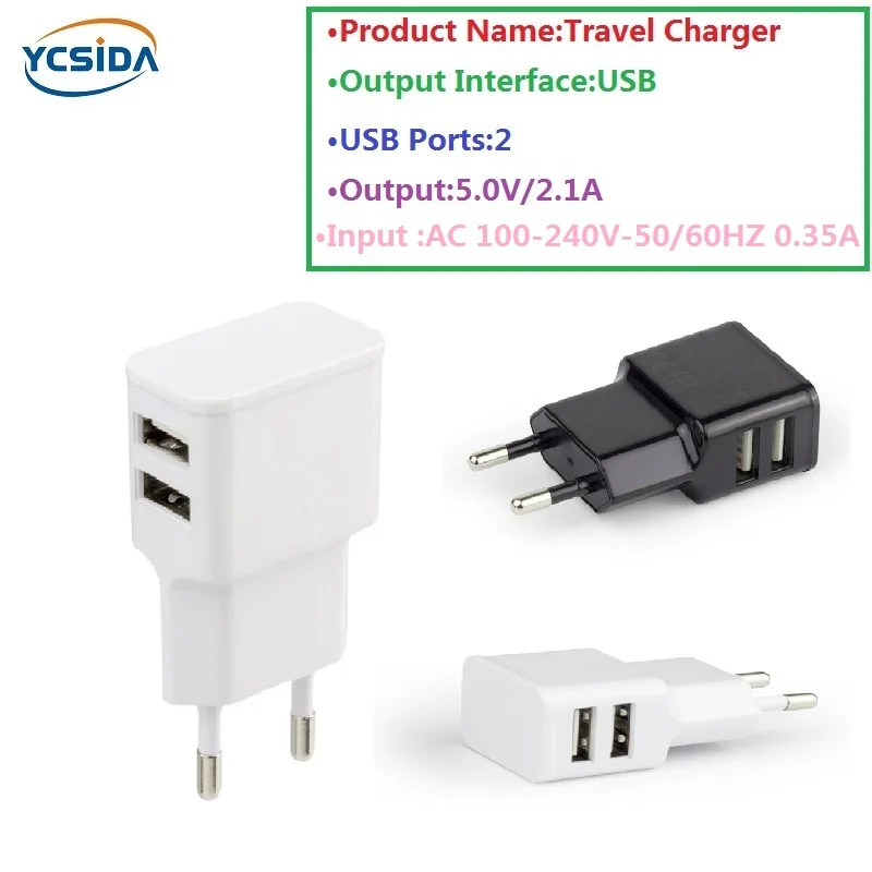 EU Plug 5V 2.1A 2 USB Output phone Travel Charger Adapter Compatible