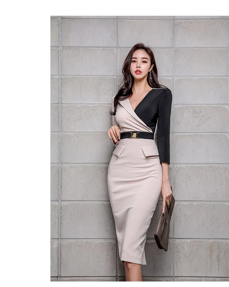 H Han queen Новое корейское контрастное цветное лоскутное платье-карандаш для женщин весенние деловые платья с поясом облегающие платья