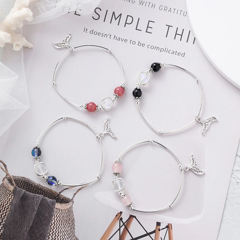 

2019 New Korean Fashion Cute Sweet Silver Color Mermaid Charm Crystal Beads Geometric Snake Chain Bracelets Bangles For Women