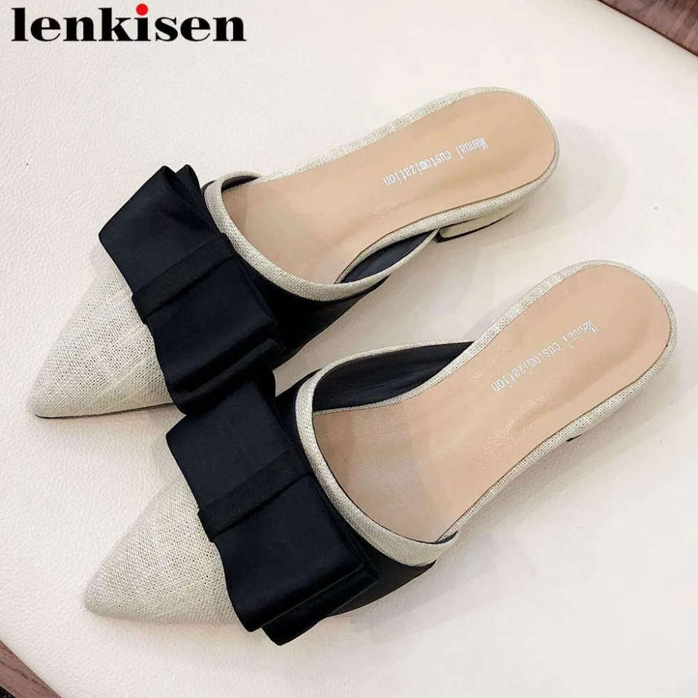 

Lenkisen sweety girls slip on butterfly-knot decoration pointed toe slingback women pumps European designer low heels mules L72