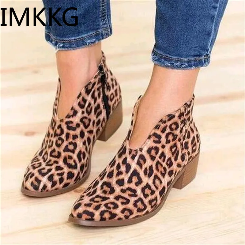 

2019 Leopard Print Women Shoes Sexy Pointed Toe Ankle Boots zipper Deep V High Heel Lady Party Dress Shoes A00224