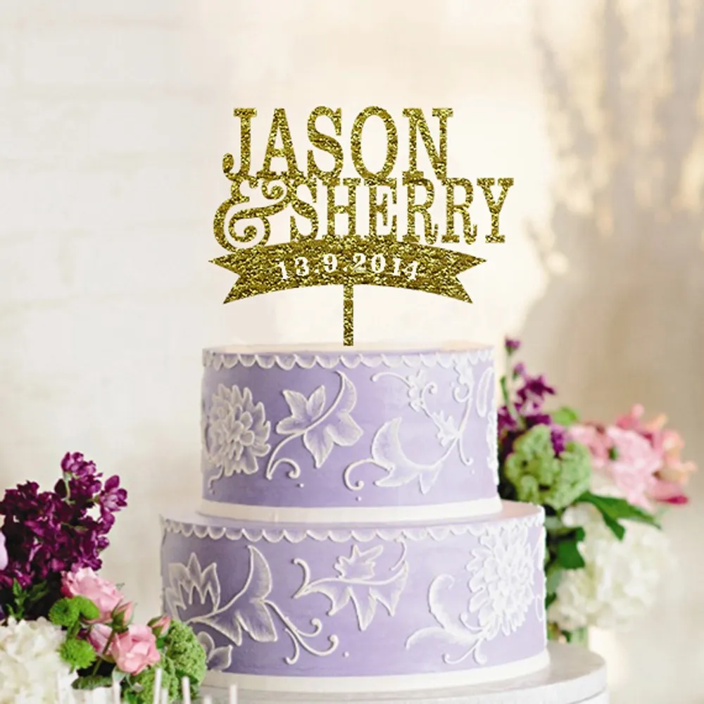 Personalized Cake Topper,Custom Name and Date Wedding Cake Topper, Acrylic Glitter Gold Cake Topper Wedding Decoration Casamento