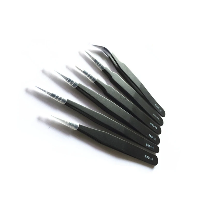 6pcs=One Set Professional Anti-Static Stainless Steel Tweezers Maintenance Tools Kits For small electronics Repair