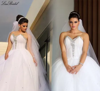 

Elegant New Long Wedding Dress 2017 Sweetheart Neck Sleeveless Ball Gown Chapel Train Beading Tulle Bridal Gowns With Veil