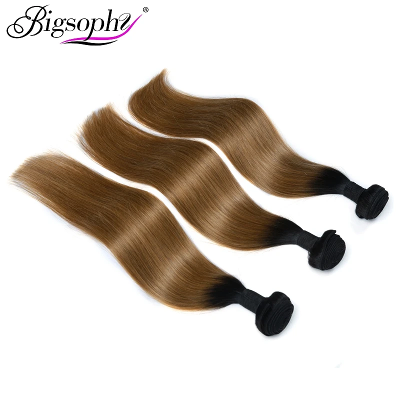 Bigsophy Hair Straight Peruvian Hair Weave Bundles 3pcs Human Hair Extensions Ombre Color 2 Tone 1B/27 Top Remy Hair