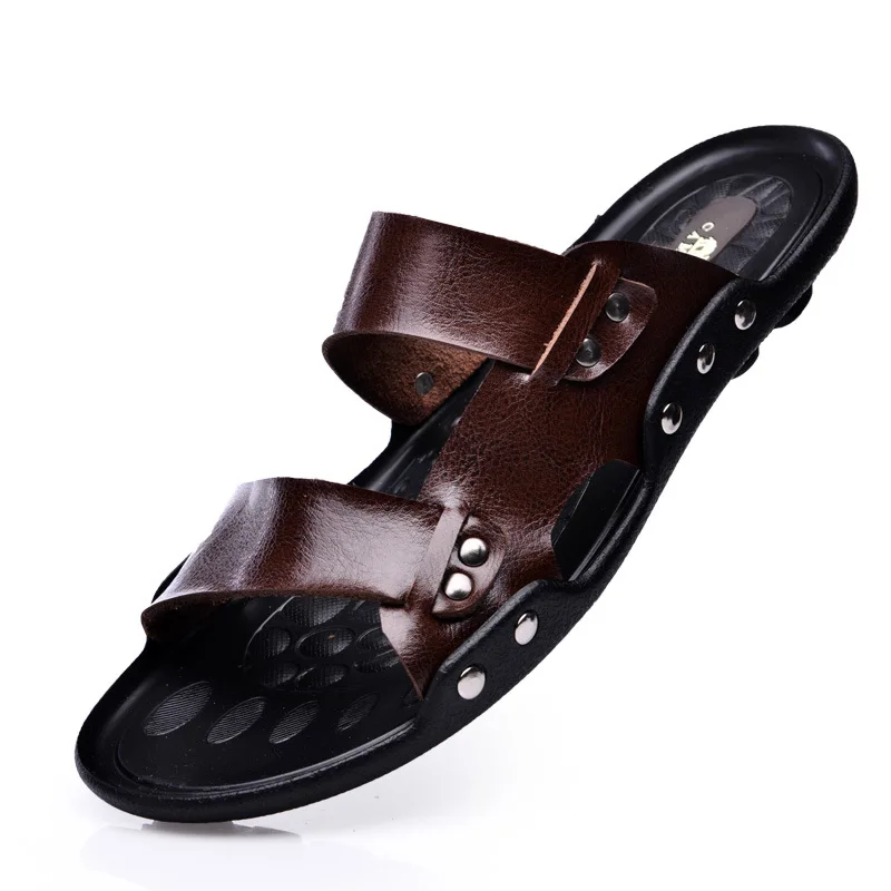 summer mens slippers slides British fashion men sandals genuine cow leather lazy beach sandals flip flops