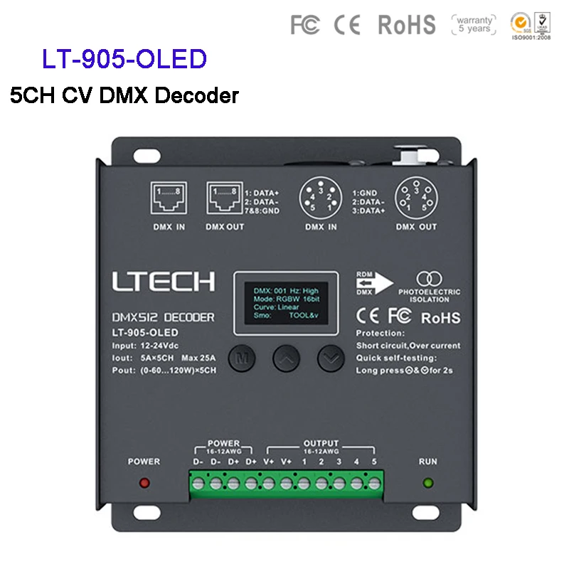 

LTECH 5CH CV DMX Decoder LT-905-OLED DC12-24V 25A 600W led Controller for single color /CT/RGB/RGBW/RGBWY LED light lamp