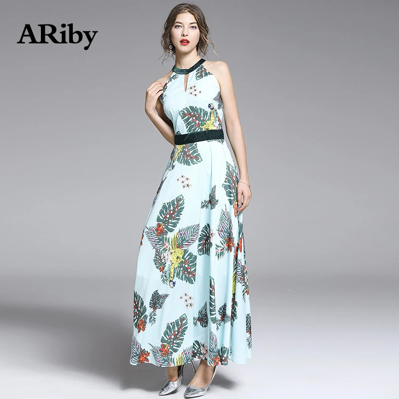 Women Dress Long Maxi Dress 2019 Summer New Fashion Bohemian High Waist Slimming Temperament Sleeveless Halter Printed Dresses