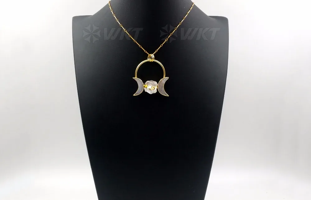 WT-N1075,, модное ювелирное изделие, натуральный кристалл, кварц, ожерелье ангела с 24 к золотом, друза в форме полумесяца, ожерелье для женщин