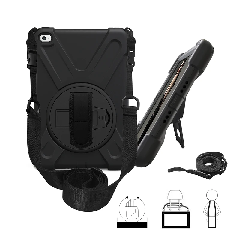 

High Impact Resistance 360 Rotating Silicone Case with Shoulder and Wrist Strap for Apple iPad Mini 4 A1538 A1550 Tablet + Stylu