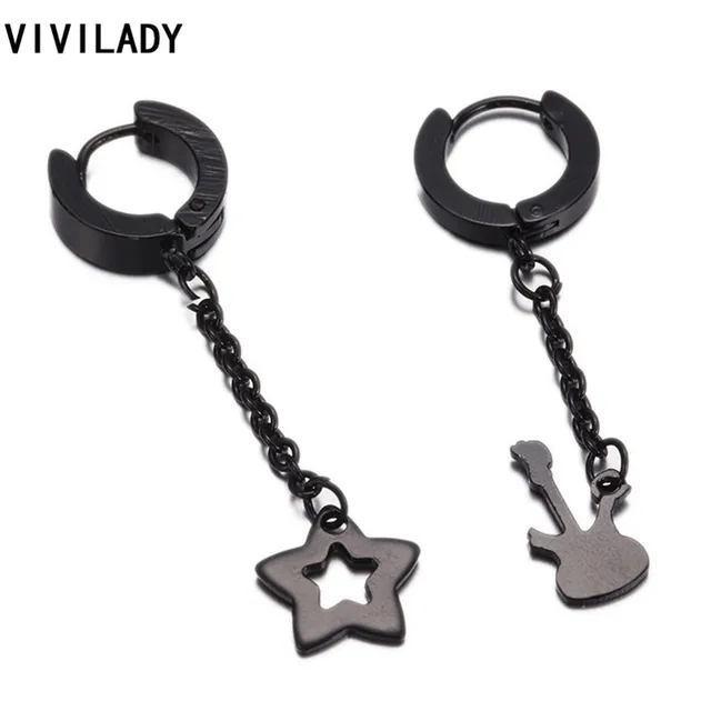 Vivilady Punk Rock Stainless Steel Black Star Guita Peace Sign Chain Vivilady Punk Rock Stainless Steel Black Star Guita Peace Sign Chain Hoop Earrings Men Women Gifts