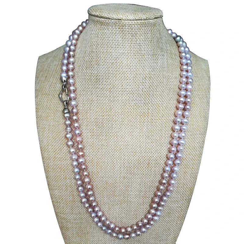 48 inches 7-8 mm Long Chain Natural Lavender Round Freshwater Pearl Necklace with Heart Shaped 925 Sterling Silver Clasp