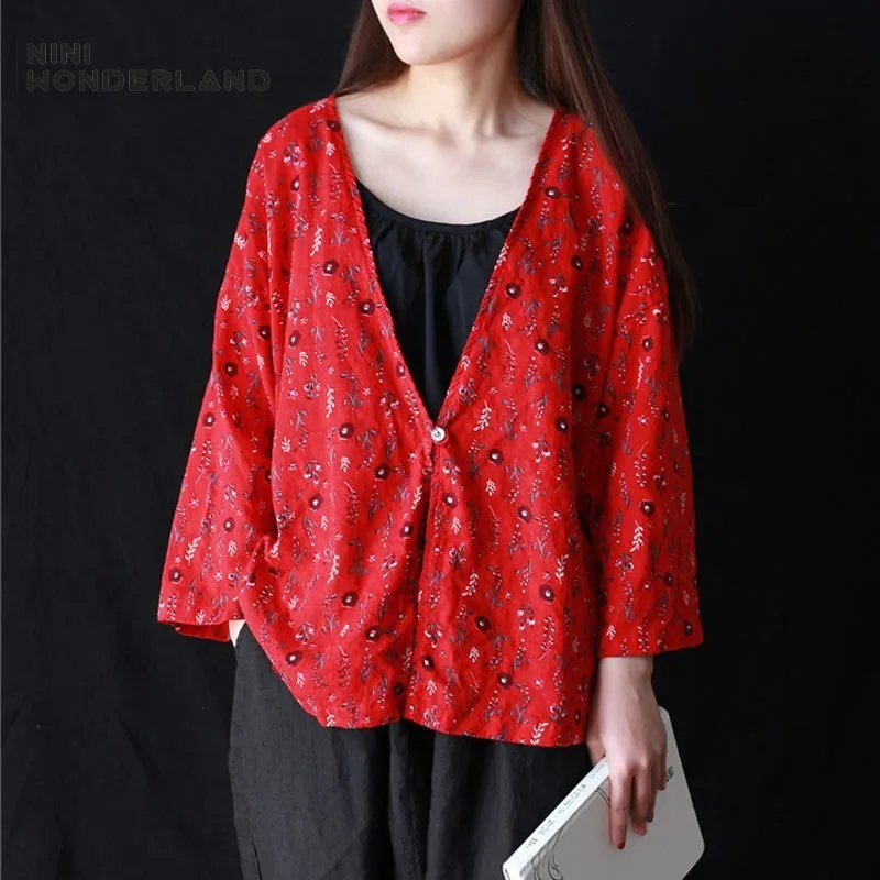 

NINI WONDERLAND Summer Print Cotton Cardigan Shirt Women Big V Neck Printing Tops 2019 Loose Casual Sunscreen Tops Lady Clothes