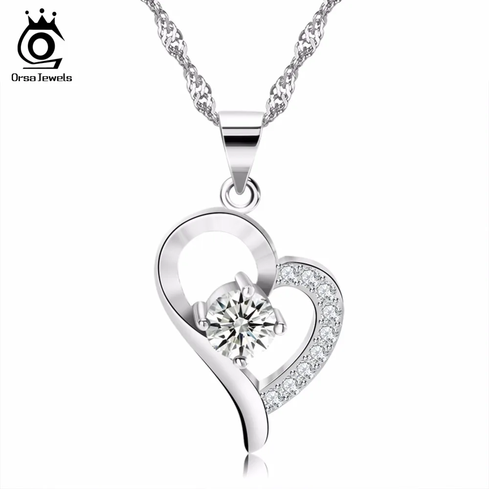 

ORSA JEWELS Silver Heart Pedant Necklace Crystal Inserted Silver Color Women Jewelry for Valentine's Day Gift of Lover ON19