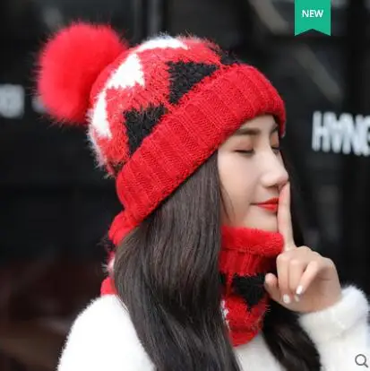 Высокое качество, Корейская версия, модная зимняя цветная женская шапка+ шарф, сохраняющий тепло, вязанный помпон, для отдыха, дикая, 2 шт - Цвет: Красный