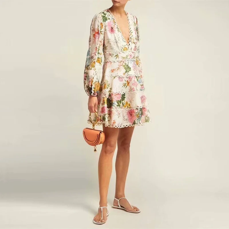 

Short Dress Mini High Quality Summer New Women'S Fashion Party Boho Beach Sexy Vintage Elegant Chic Print Long Sleeve Dresses