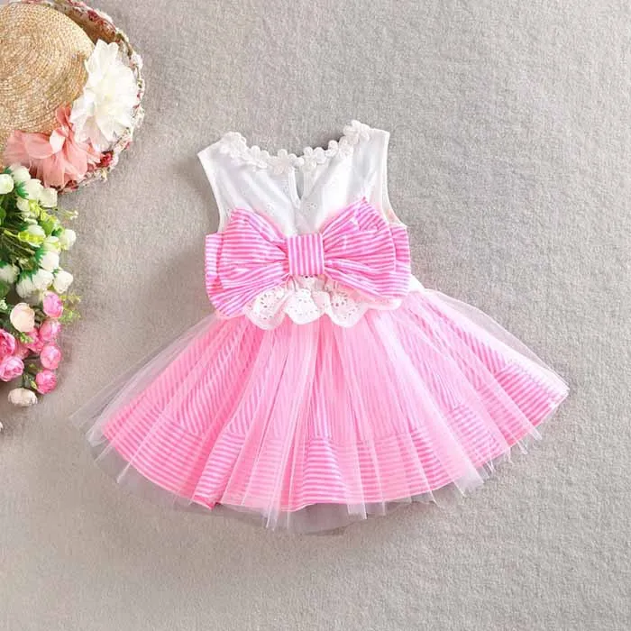 

2016 New summer dress for girl Striped cotton Material Bow Lace Baby vest dress 2-6 years old toddler girls dresses