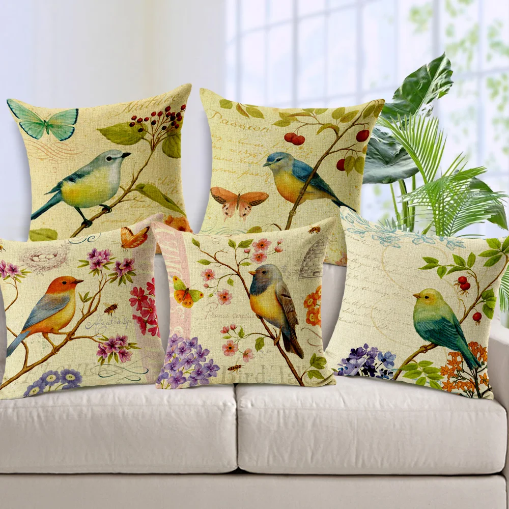 Free Shipping American Vintage Bird and Flowers Linen Cotton Cushion