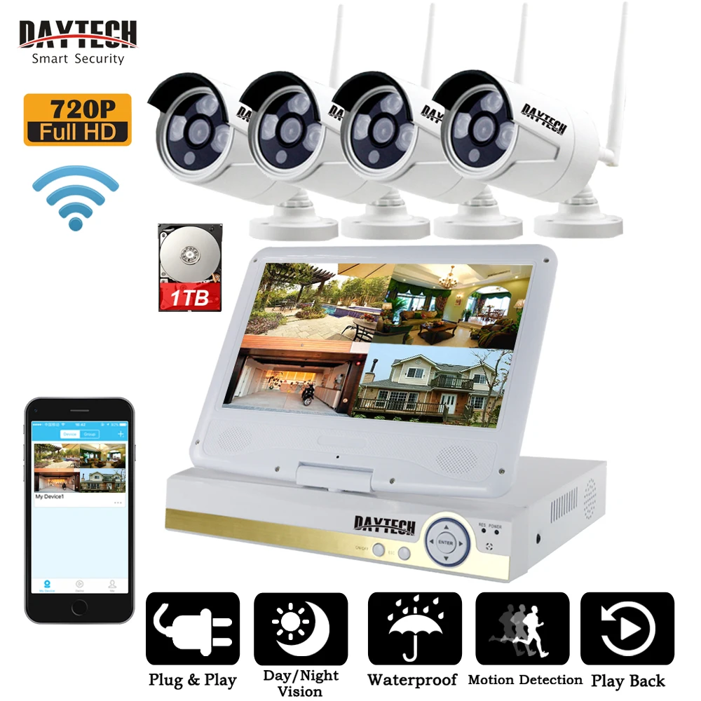 

DAYTECH 4CH 720P Wireless Surveillance NVR Kits CCTV Camera System WiFi Wireless LCD Display Hard Disk Recorder IR Night Vision
