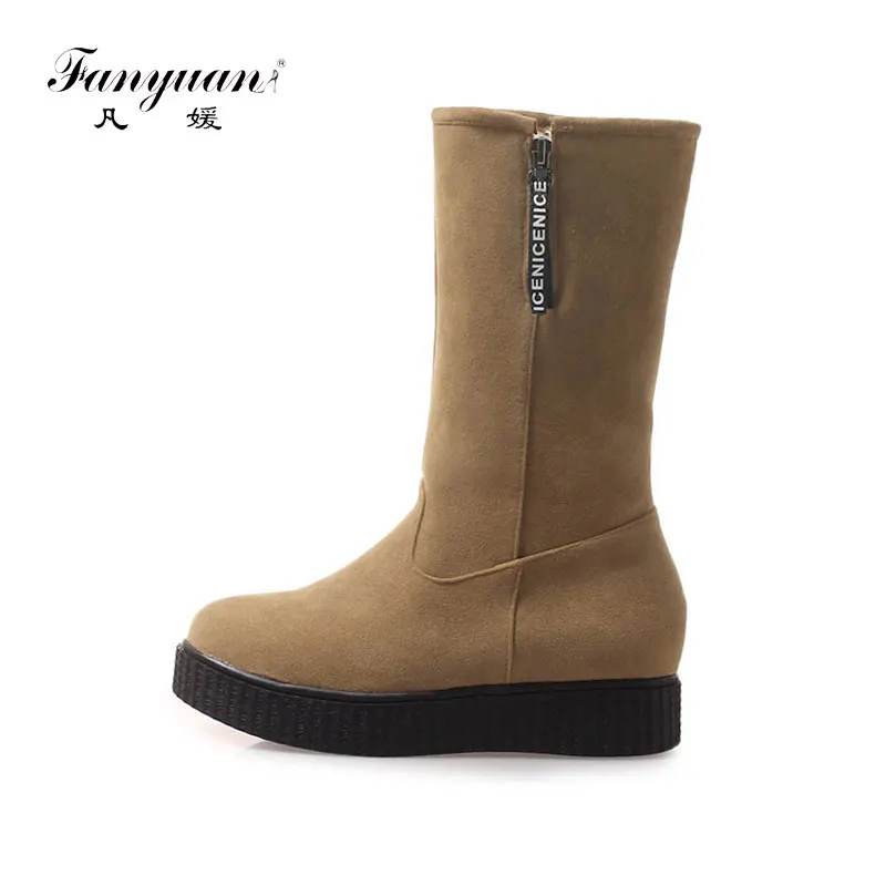 

fanyuan Fashion Flat Platform Snow Boots Solid Slip-On Mid Calf Boots Zip Chain Plush Winter Women snow Boots Warm Fur Shoes
