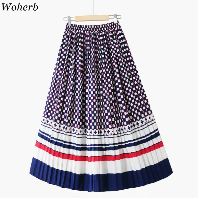 Woherb Лето Boho плиссированные женские юбки Высокая талия длинная юбка в клетку с принтом в полоску в Корейском стиле элегантные юбки Mujer Moda 22062