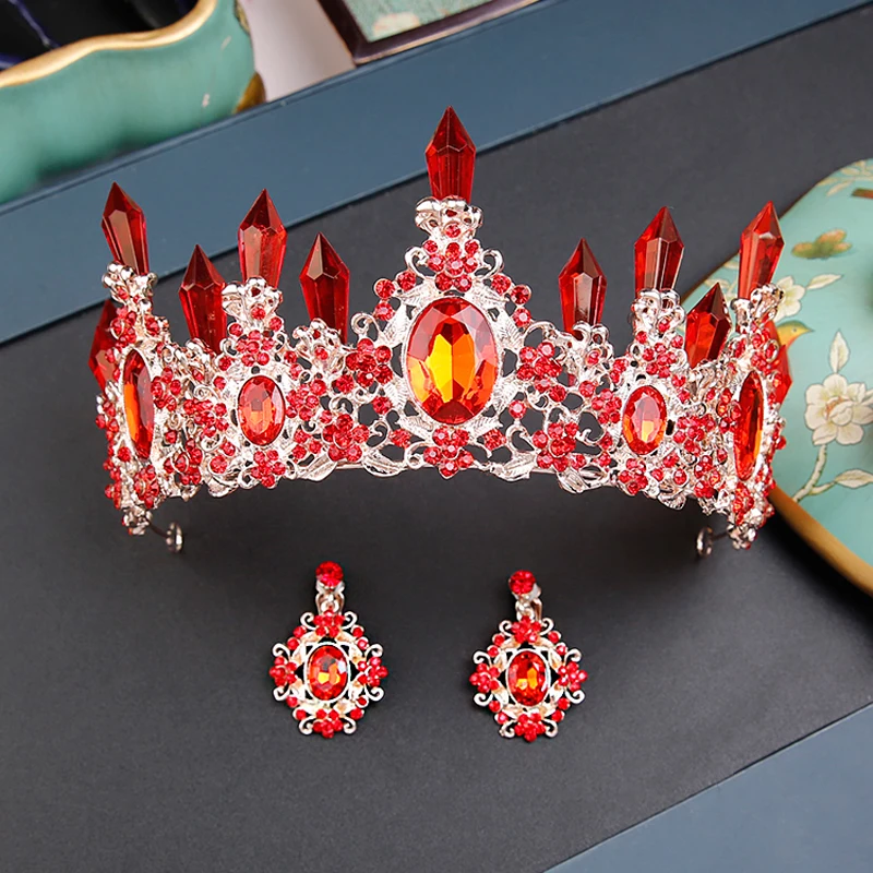 Clear Red Tiara Earring Wedding Bridal Hair Accessories Crystal