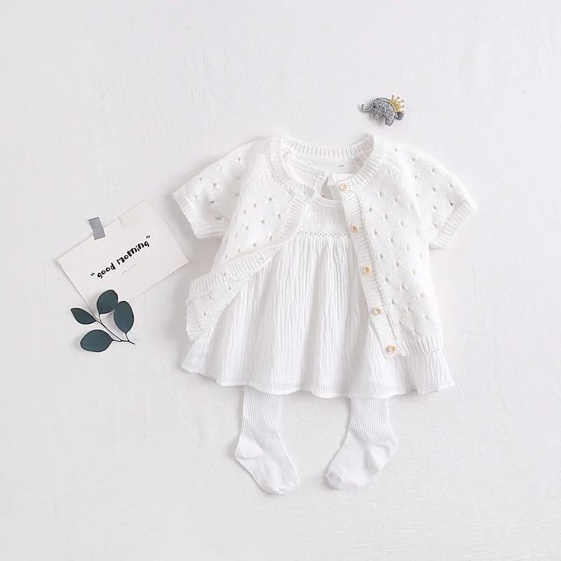 

1627 New Spring And Summer 2019 Sweet Pure Color Short Sleeve Knitted Hollow Jacket Infant Girls Cardigans Knitted Wear For Baby
